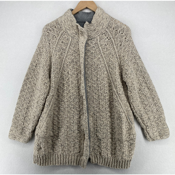 EILEEN FISHER Sweater L Organic Cotton Cozy Twist Two Way Zip Jacket Beige - Picture 2 of 13